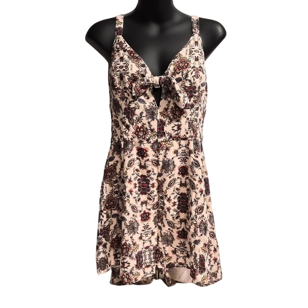 Lush Floral Tie Front Keyhole Romper Cream Burgundy Boho P6236B-001‎ Size M
